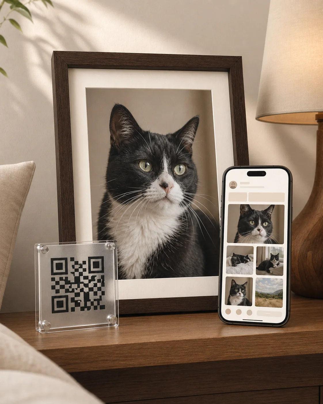 Cat memory page with phone and QR keepsake