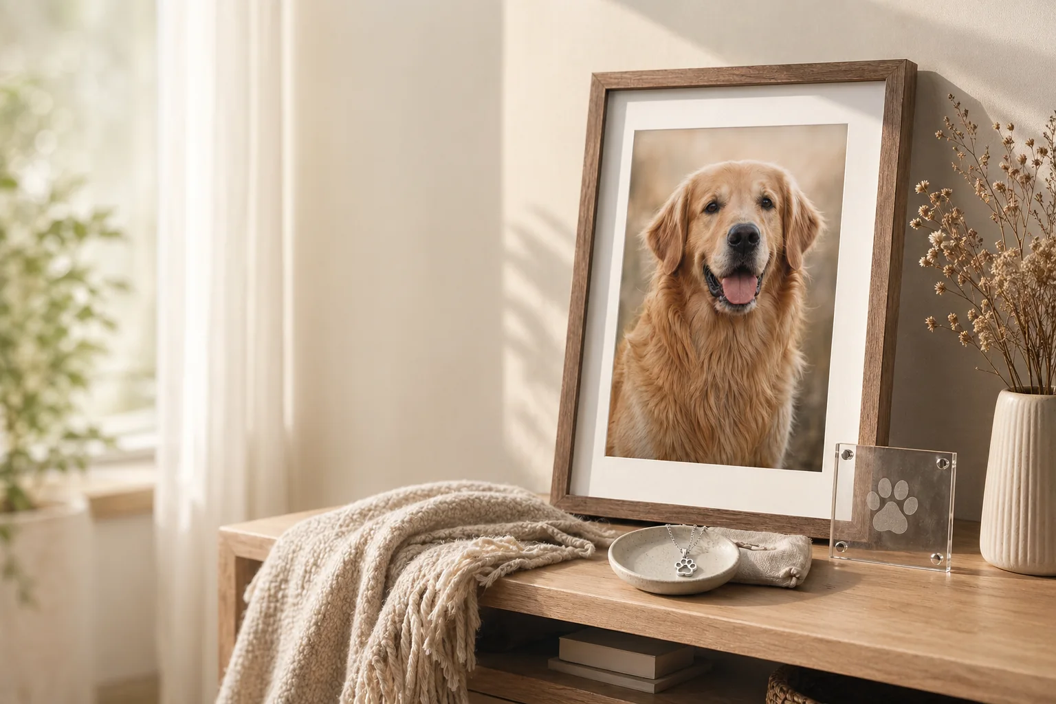 Framed dog memorial portrait with paw keepsake on a warm home shelf