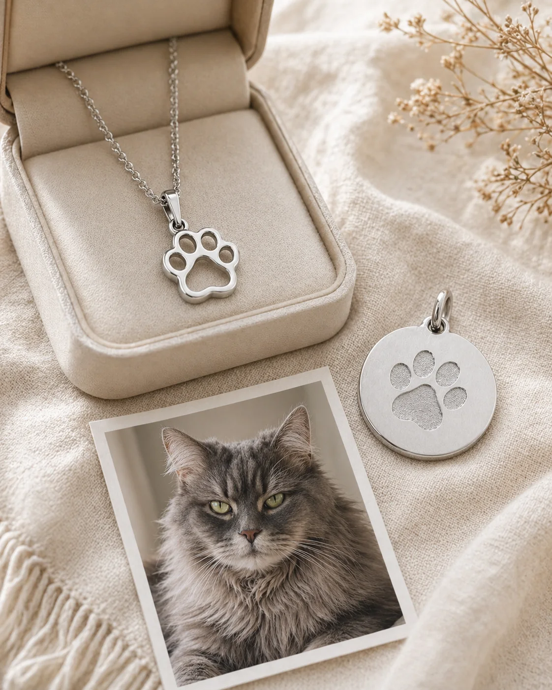 Paw print jewelry keepsake with cat photo
