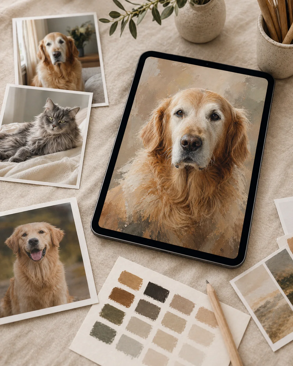 AI pet memorial portrait proofing table with pet photos