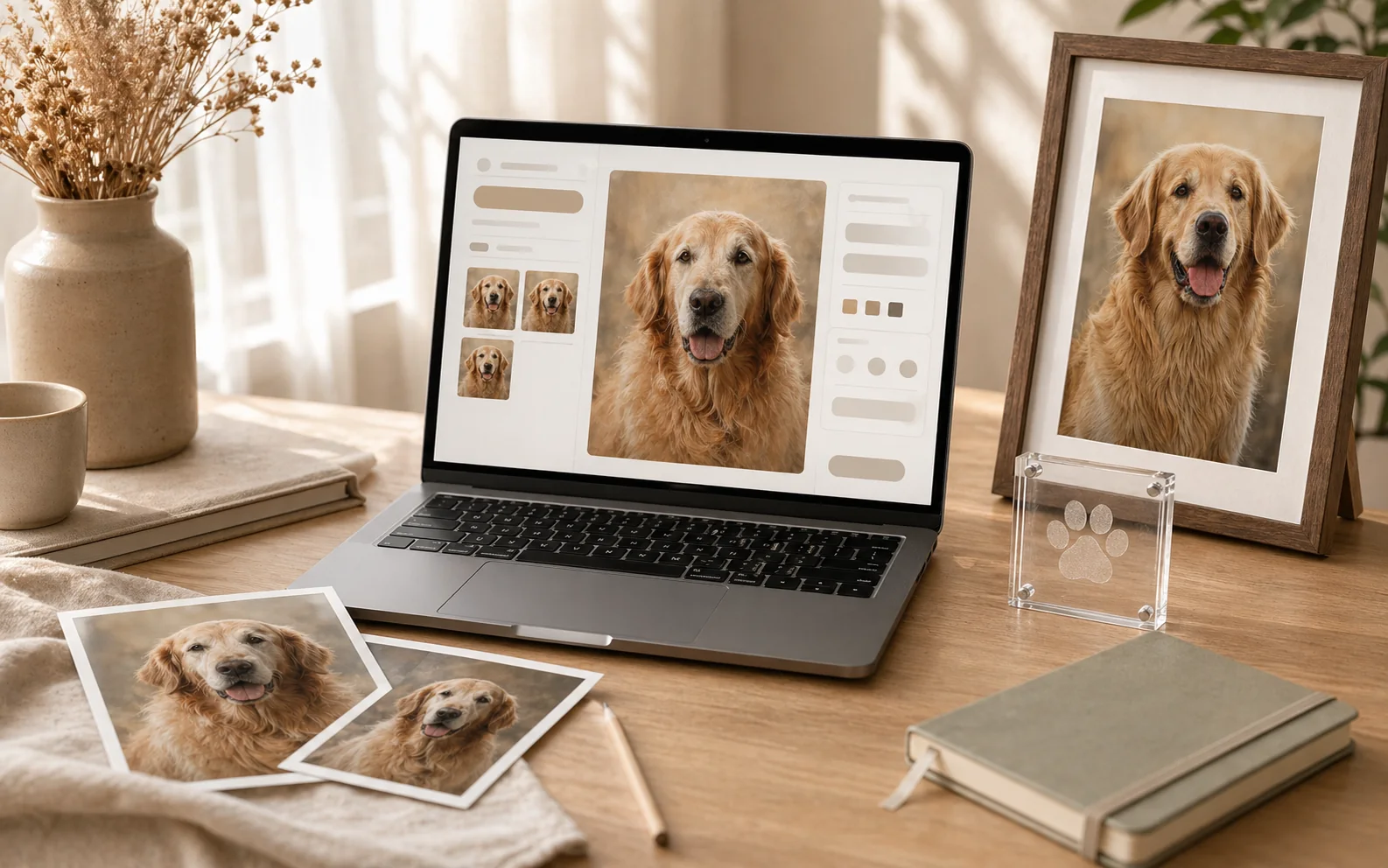 Pet portrait proofing desk with laptop, printed pet photos, and framed portrait